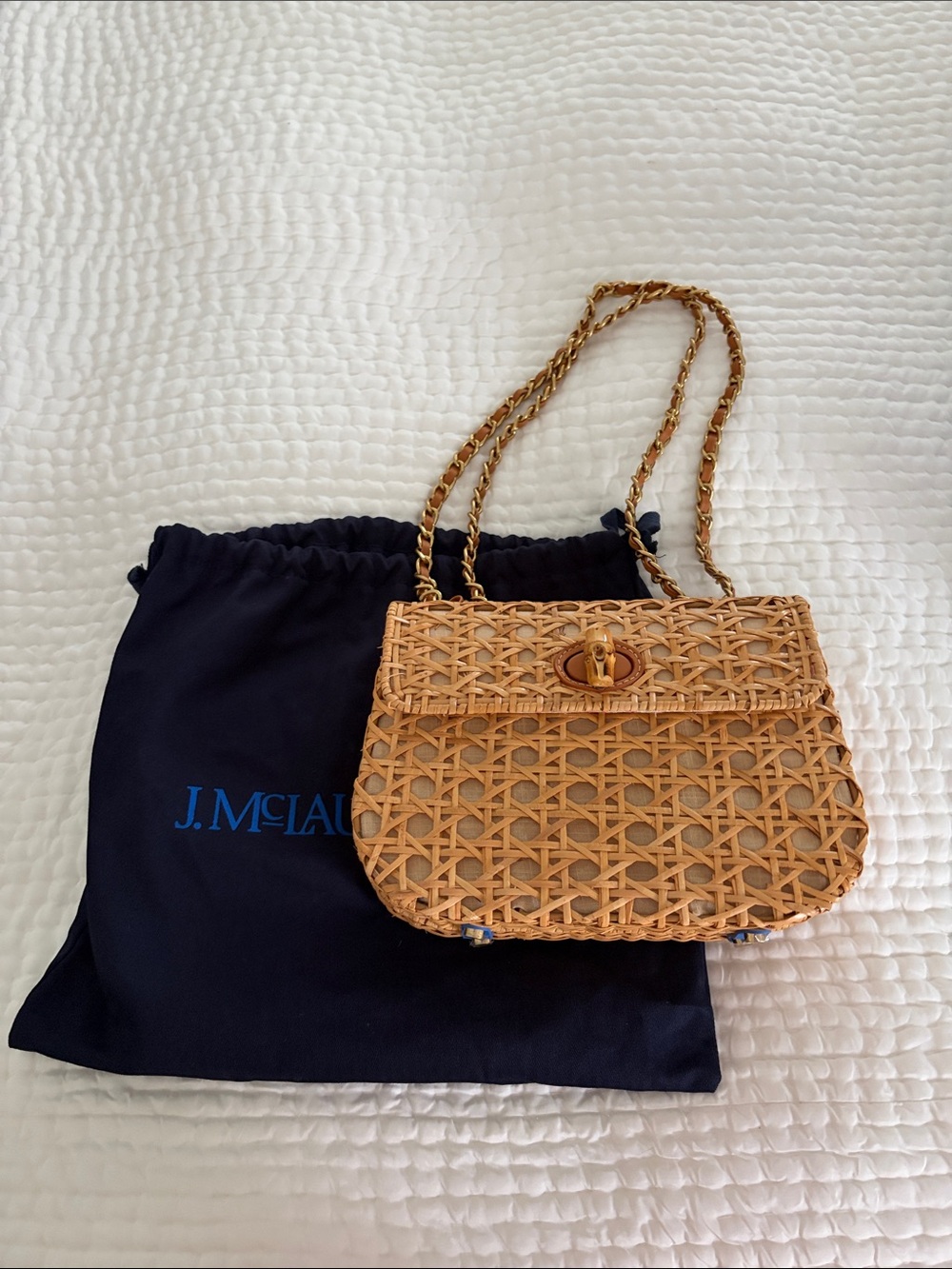 NWOT McLaughlin caned handbag with bamboo and leather accents. Current season